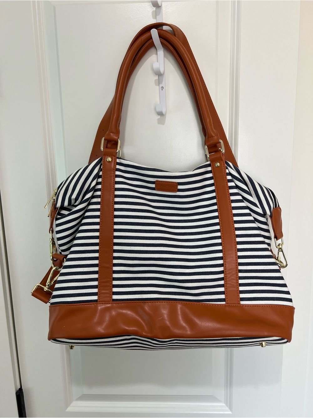 Striped Canvas Tote Bag with Brown Faux-Leather Trim